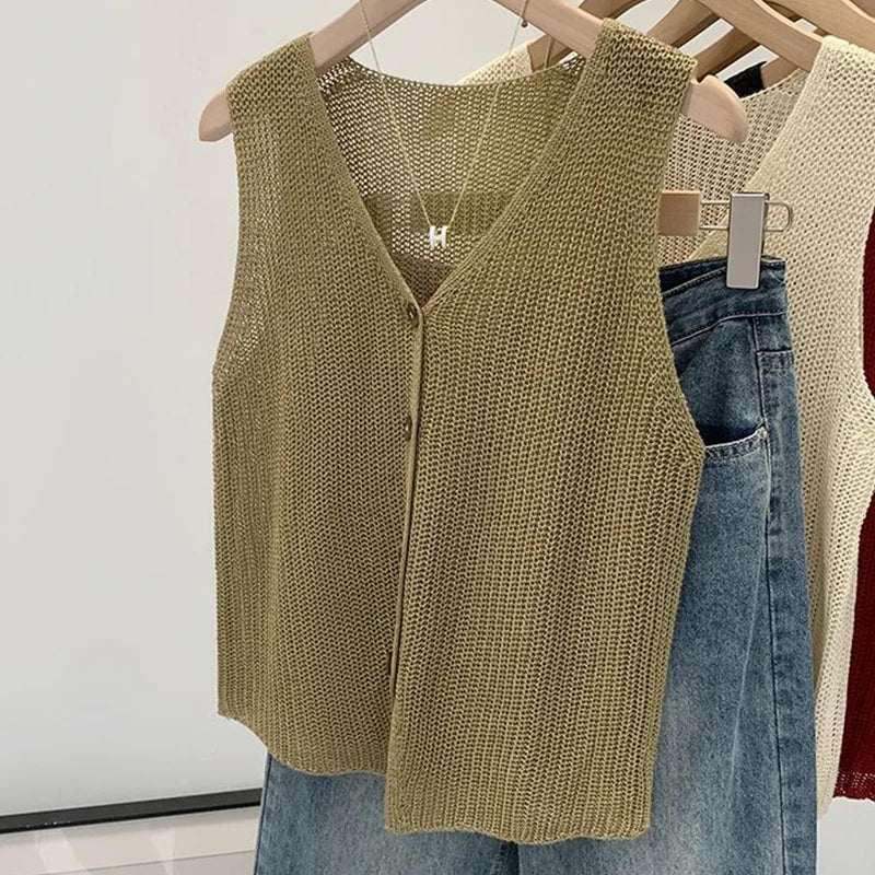 Summer Korean Cotton And Linen Fashion Casual Solid Color Loose V-Neck Vest For Women
