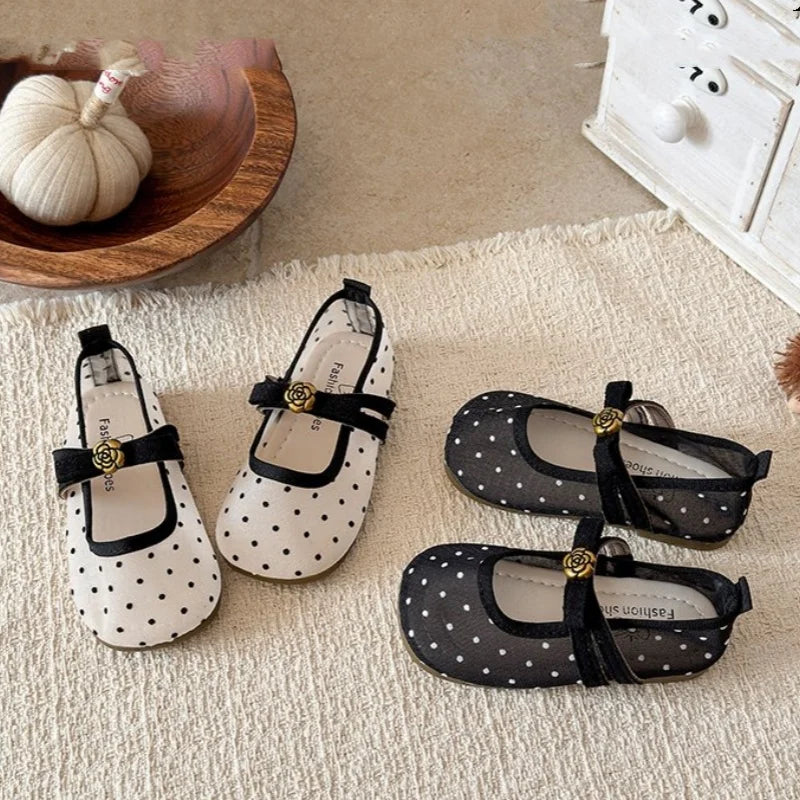 Summer Toddler Girls Polka Dot Mesh Mary Jane Shoes Flower Decor Soft Non-Slip Sole Breathable Lightweight Daily Party Wear