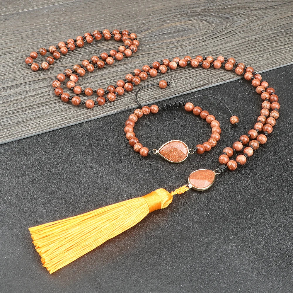 Fashion Natural Stone Beads Necklace & Bracelet Set Women Men Classic Long Tassel Pendant Necklace Yoga Healing Bohemian Jewelry