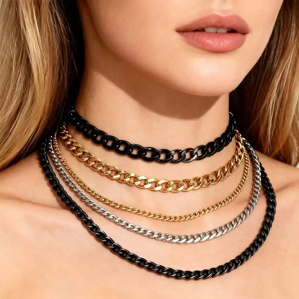 HNSP 3-12MM Stainless Steel Chain Cuban Link Necklace For Men Punk Style Jewelry Accessories Black Chain Yellow Gold Color