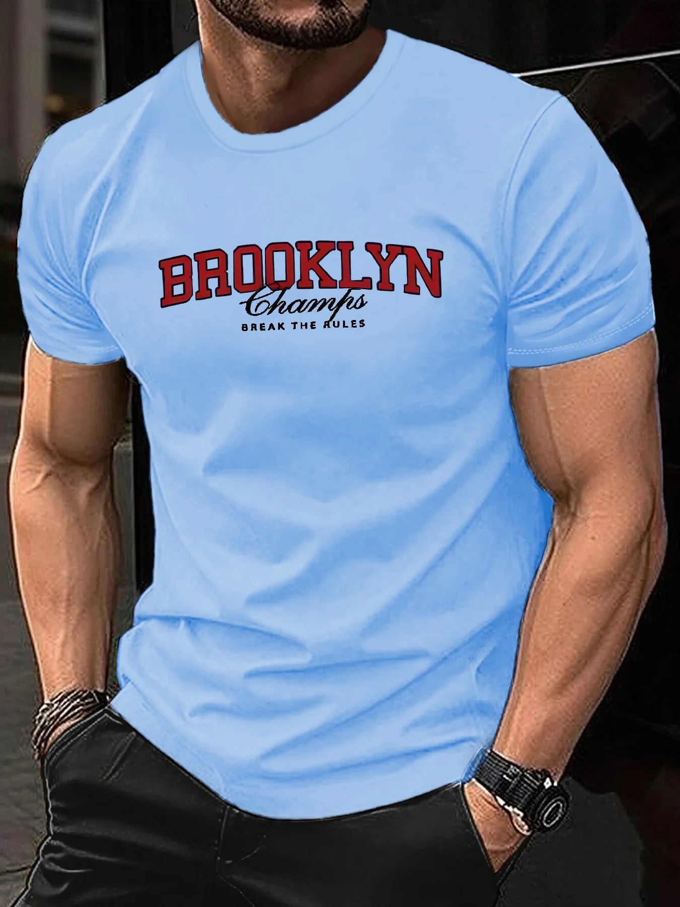 Men's Summer 100% Cotton Fashionable Casual Loose Brooklyn Pattern Printed Sports Round Neck Short Sleeve T-shirt Top