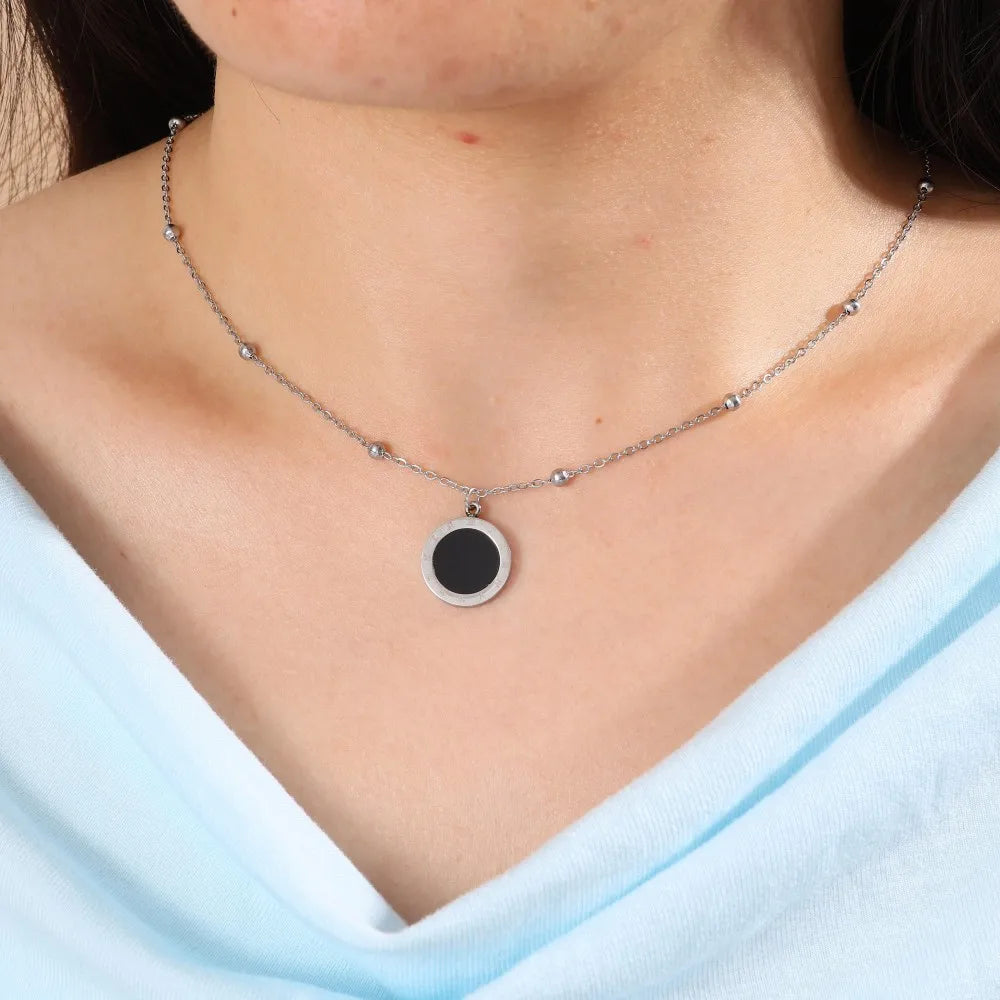 ZAKOL 3Pcs Fashion Roman Numerals Bracelet Ring Necklace Sets for Women Black Shell Hollow Circle Inlaid Zircon Jewelry Gift