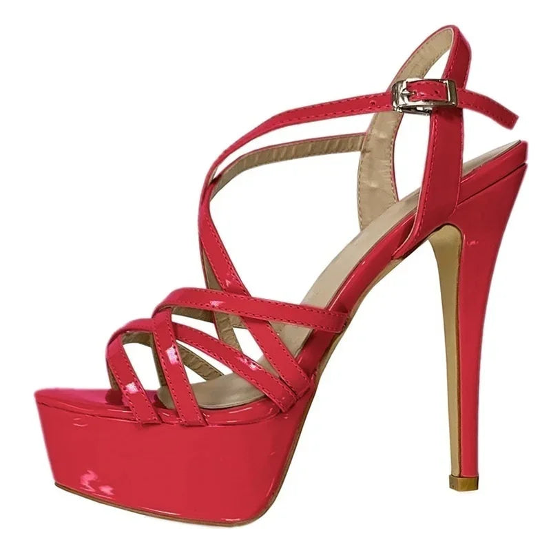 LOSLANDIFEN Women Sandals Sexy 14CM Platform High Heels Ankle Strap Sandal Open Toe Sanke Gladiator Party Dress Woman Shoes