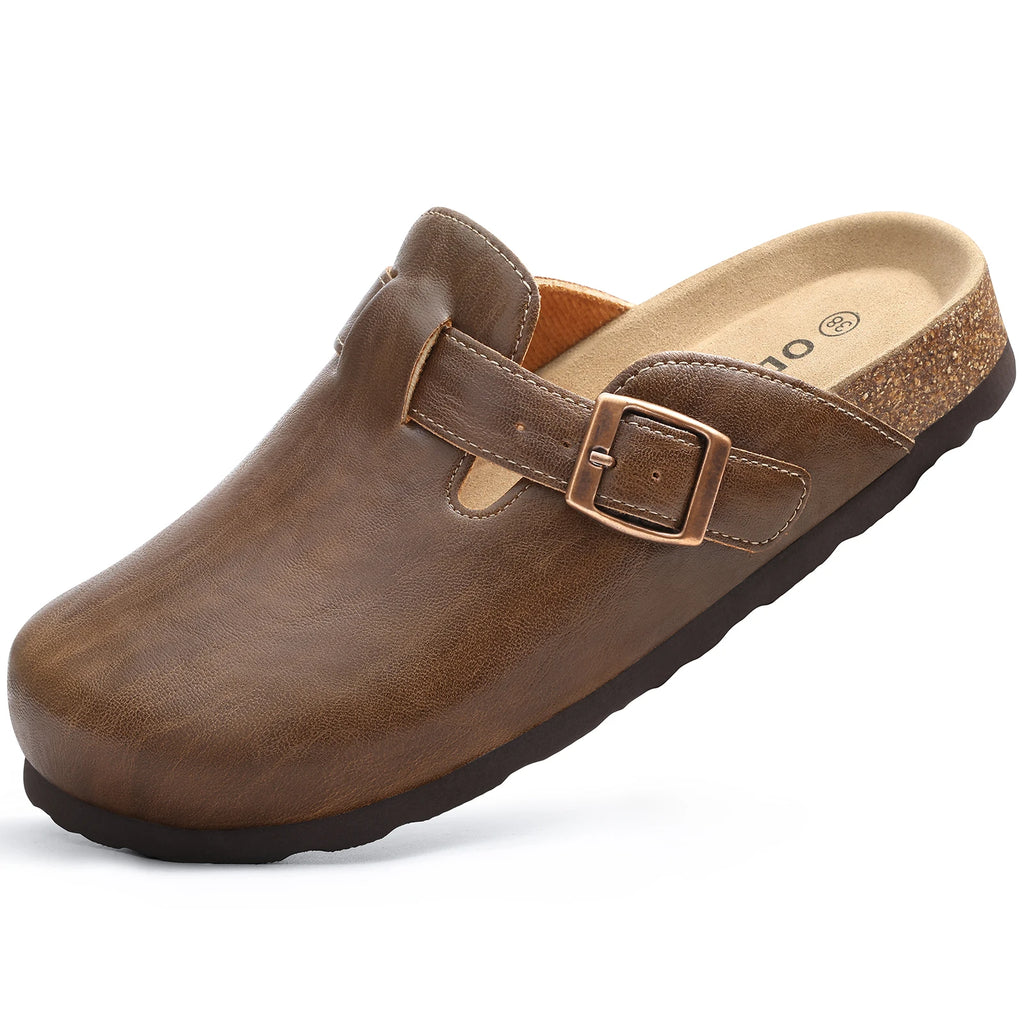 Kidmi Unisex Cork Insole Mules - Vegan Leather Adjustable Buckle Slip-On Clogs with Arch Support Potato Shoe for Women And Men