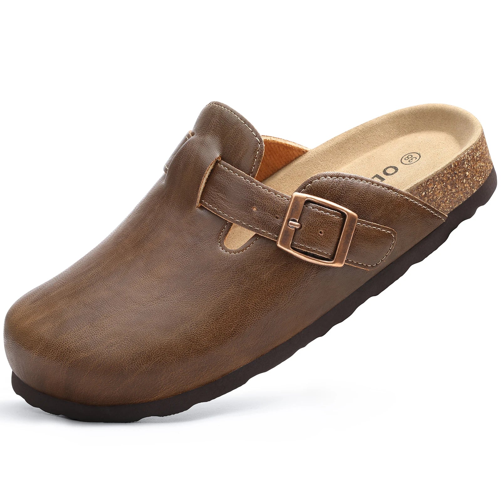 Kidmi Unisex Cork Insole Mules - Vegan Leather Adjustable Buckle Slip-On Clogs with Arch Support Potato Shoe for Women And Men