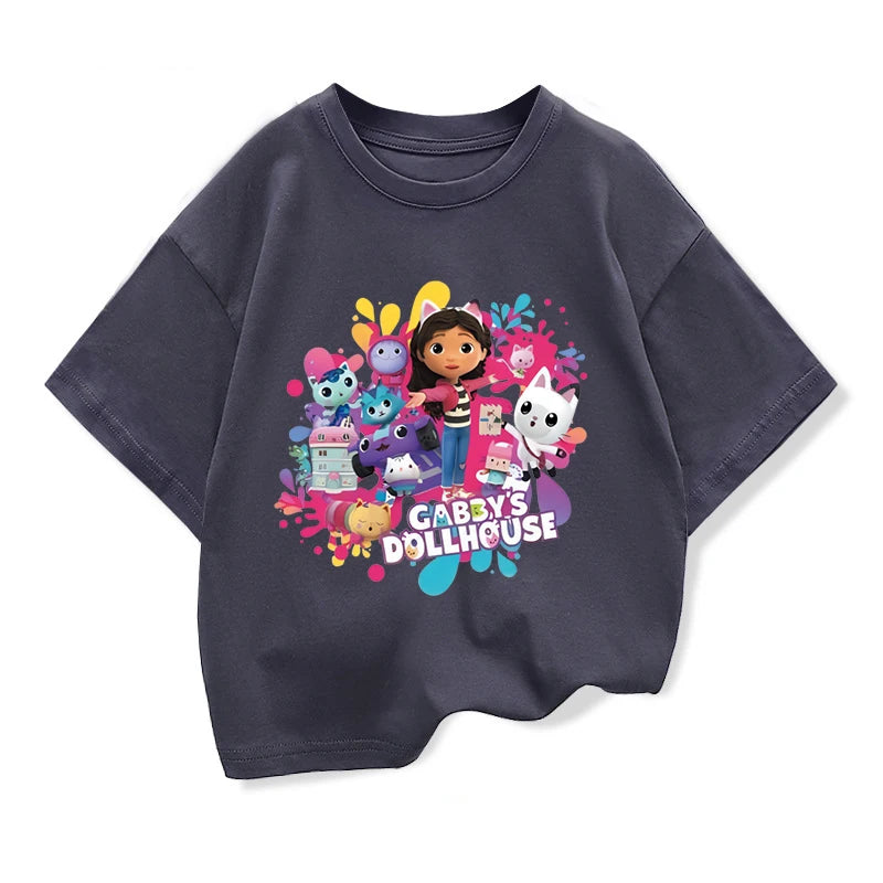 Summer Tee Girls Short Sleeve Tops Kawaii Gabbys Dollhouse T-shirt for Baby Girls Gabby Cats T Shirts Kids  Children Clothing