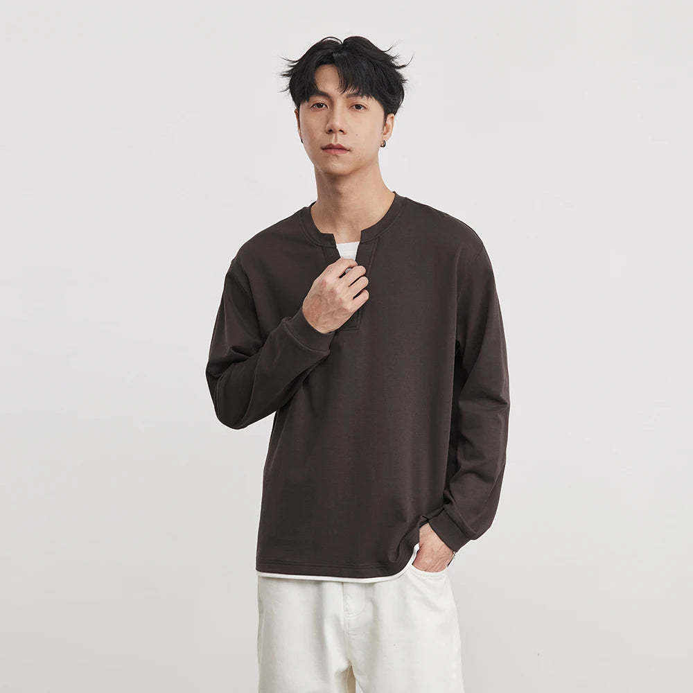 Japanese Simple Fake Two-piece Henry Collar Sweatshirt Men Spring Loose Long-sleeved T-shirt Casual Versatile Men's Clothing
