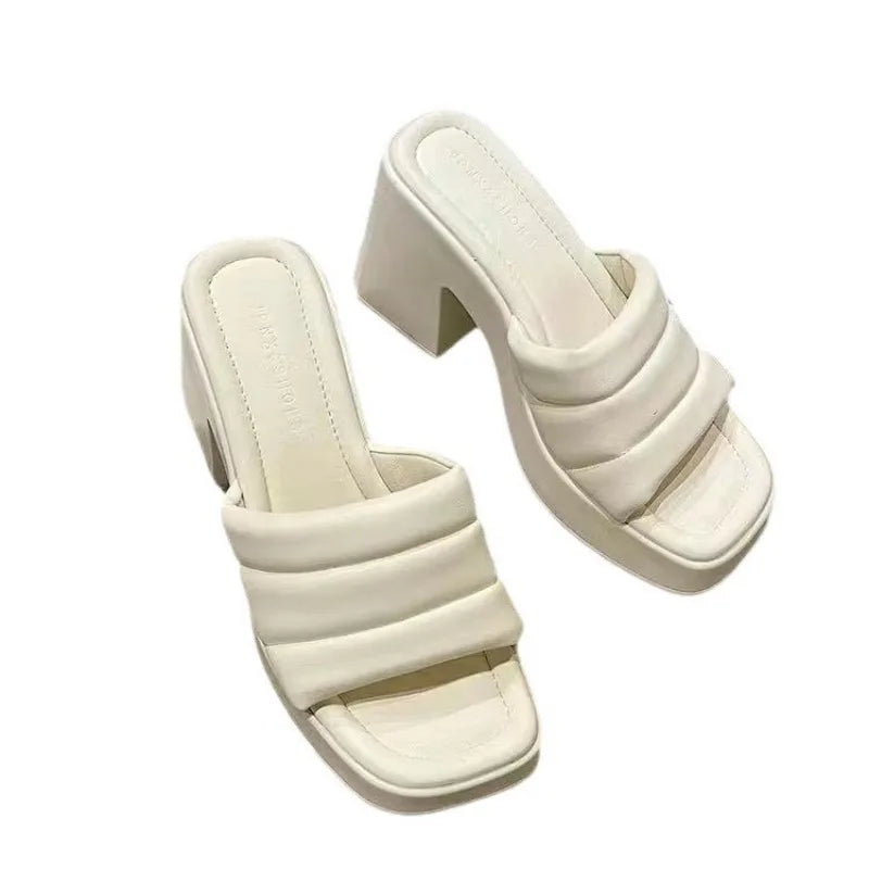Summer High-heeled Casual Women Fish Mouth Shoes Ladies Shoes on Sale 2024 Fashion New Square Toe Anti-wrinkle Women's Slippers