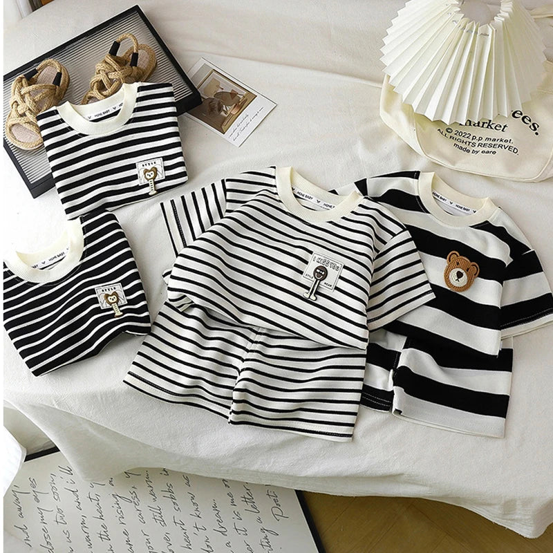1Set Kid Clother Set Children Black White Stripe Print Short Sleeve T-Shirt Shorts Boy Girl Top Toddler Baby Leisure Sport Suits