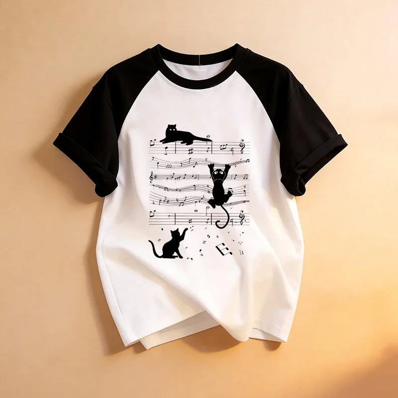 Funny Kawaii T Shirt Retro Black Cat Letter Print Crew Neck T-Shirt Casual Short Sleeve Tops for Spring Summer Women's Clothing