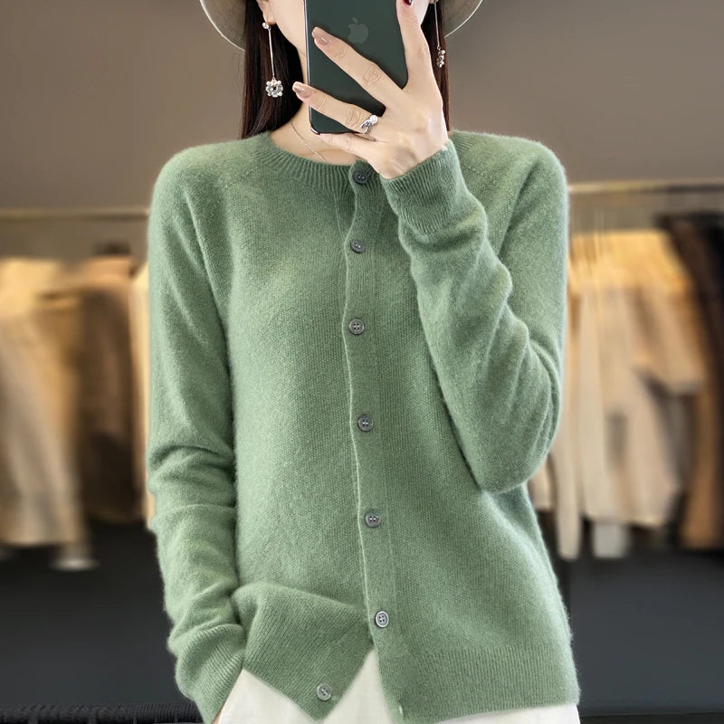 Fashion Women 100% Merino Wool Cardigans Cashmere Sweater Autumn Winter O-neck Long Sleeve Knitwear Female Basic Clothing Tops