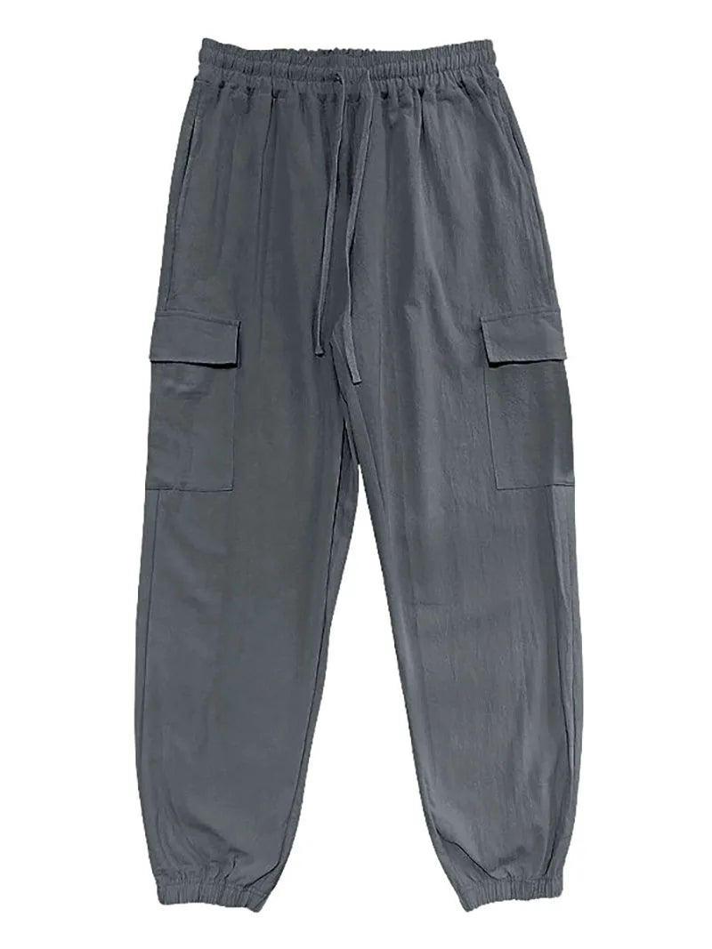 Men's Cotton Linen Cargo Jogger Pants Elastic Waist Drawstring Multi Pockets Casual Breathable Streetwear Trousers for Men