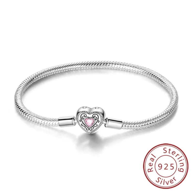 Bracelet 17-20CM Love Heart Original 925 Sterling Silver Charm Bracelet Pave Zirconia Bracelet for Women DIY Charm Jewelry Gifts