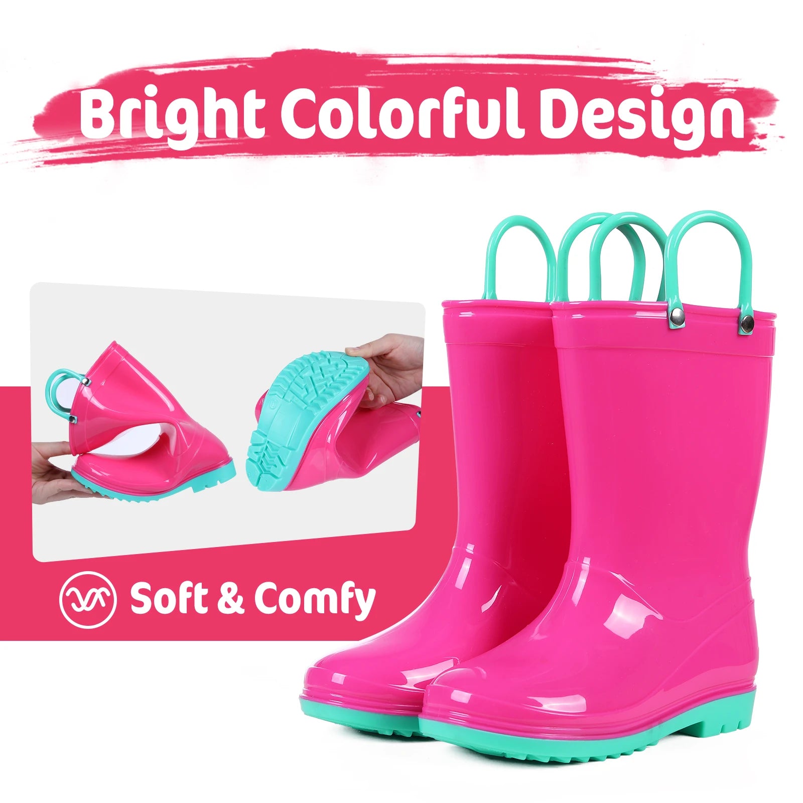 Evshine Cute Dinosaur Unicorn Unisex Rain Shoes For Girls And Boys Waterproof Non-slip Boot Toddler Kids Rain Boots With Handles