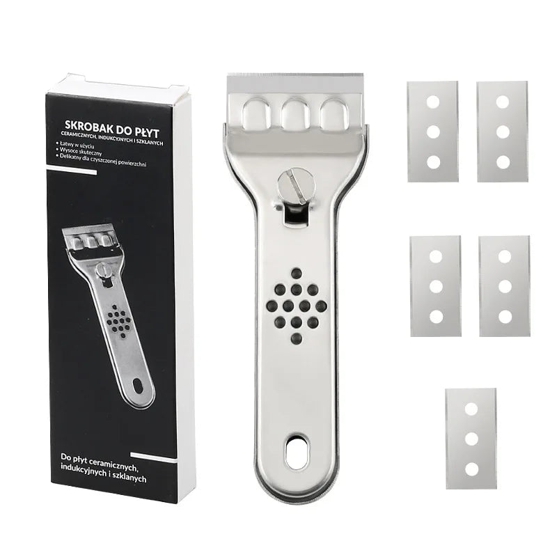 Stainless Steel Window Glass Scraper Tool with Replaceable Blades for Ceramic Hob Wall Floor Cleaning Kitchen Household Use