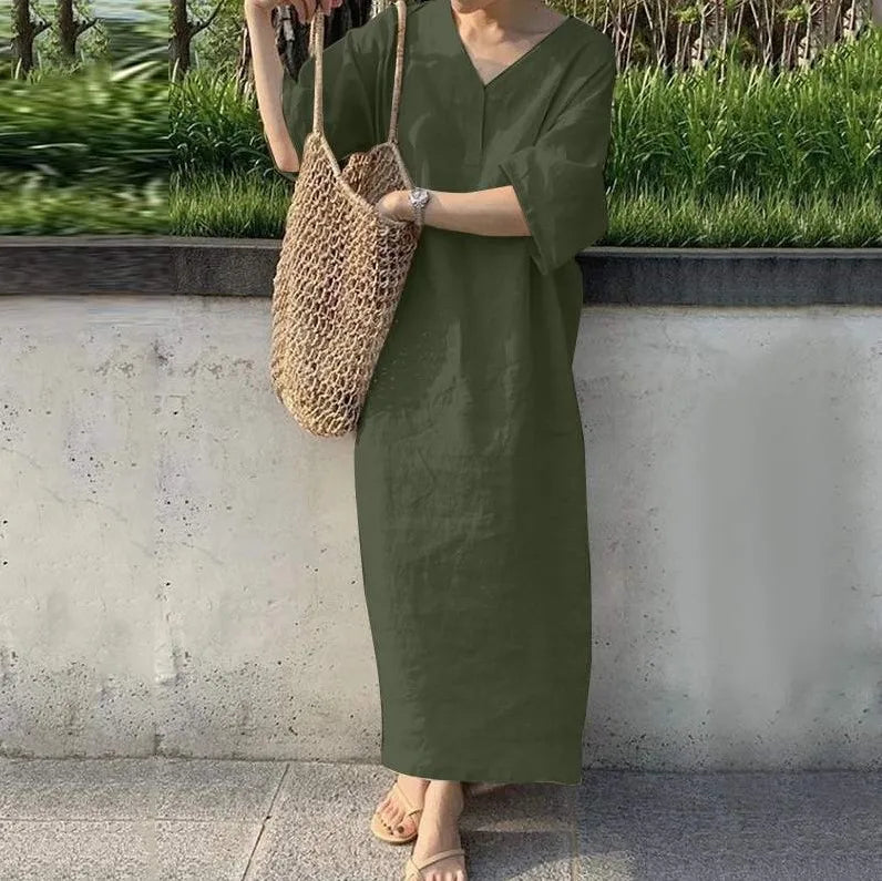 Casual Solid Color Cotton Linen Long Dresses Women Loose Short Sleeves V-neck Vintage Simple Style Lady Maxi Dress Summer New