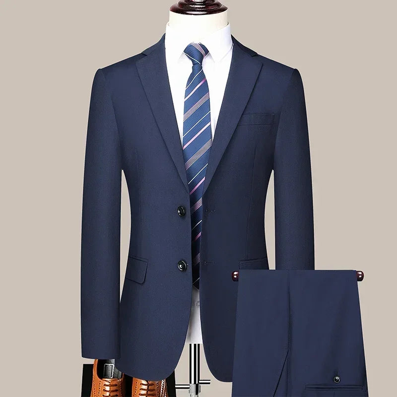 Solid Color Suit Men Fashion Business Outdoor Gentleman Trend Solid Color Casual Slim-fit Wedding Host Gentleman (Blazer+Pants)