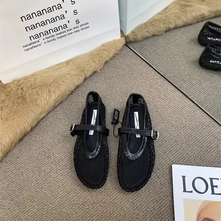 2026 New Hollow Mesh Women's Flat Ballet Shoes - Casual Fashion Versatile Breathable Fishnet Sandals