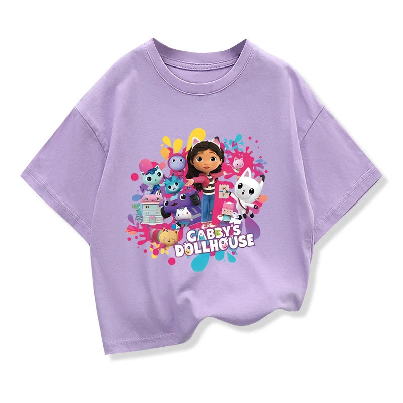 Summer Tee Girls Short Sleeve Tops Kawaii Gabbys Dollhouse T-shirt for Baby Girls Gabby Cats T Shirts Kids  Children Clothing