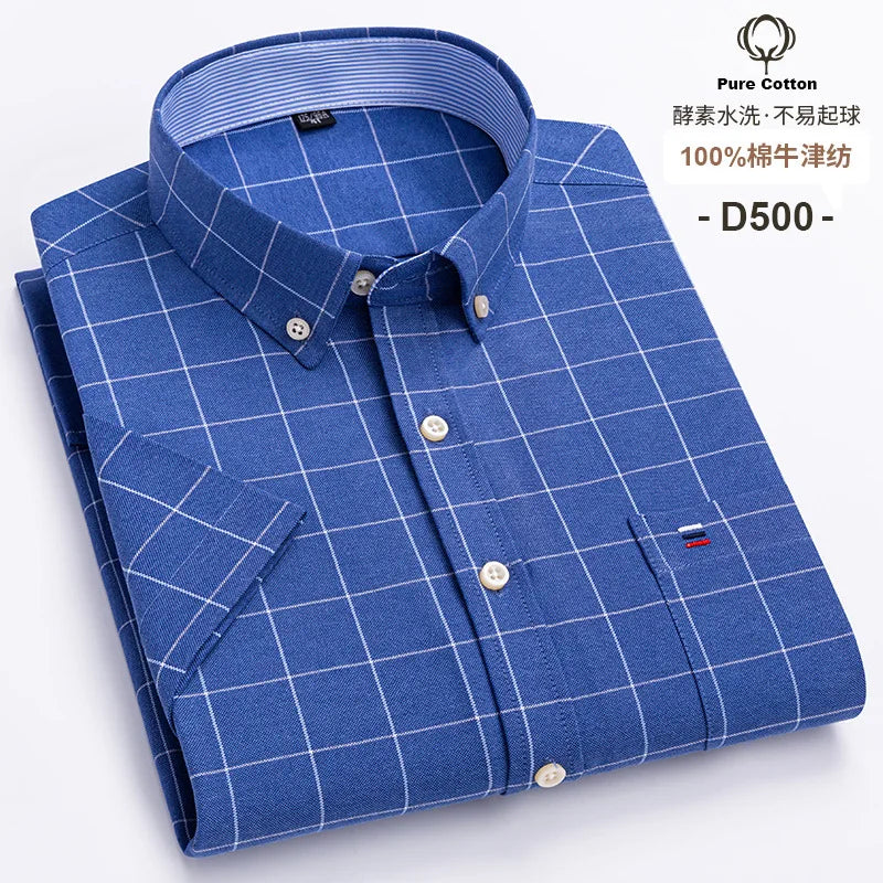 7XL Classic Men's Short Sleeve Shirt 100% Oxford Cotton Casual Plaid Stripe Shirt Business Men's Shirts Short Sleeve Large Size