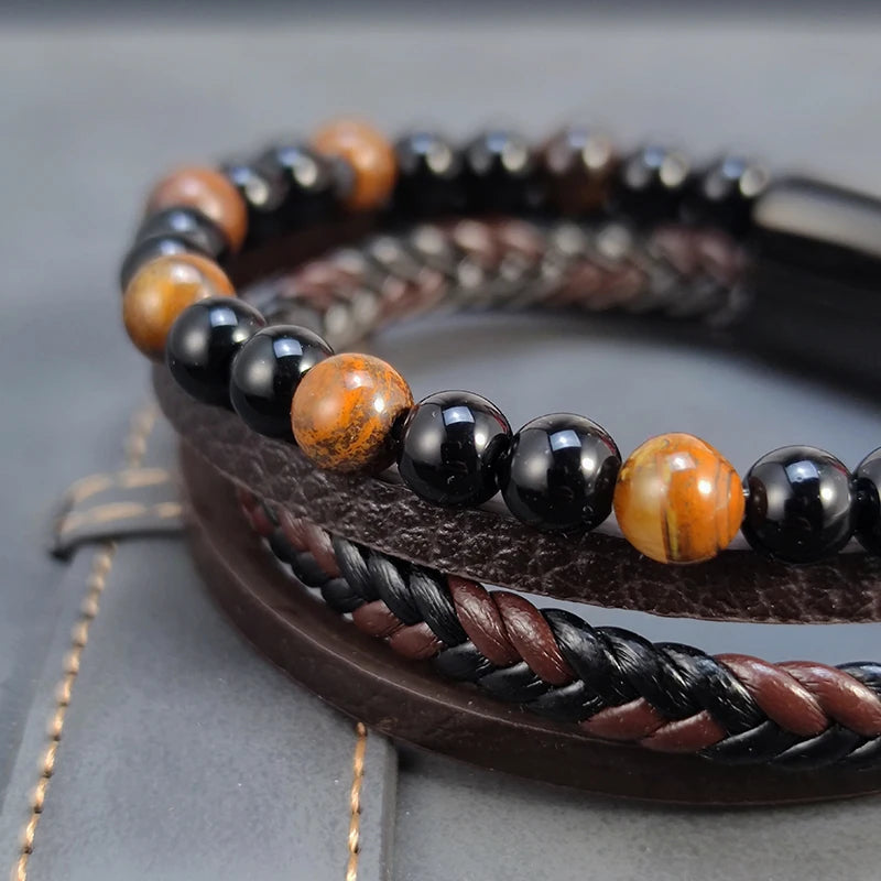 2025 New Beads Tiger's Eye Stone Bracelet for Men Four Layers Leather Bracelet with Stainless Steel Magnet Male Jewelry Gift