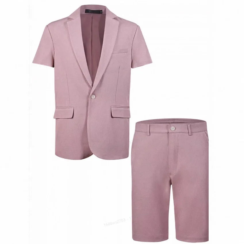 Summer Casual Short Sleeve Men's Two-Piece Suit Set Fashionable Polyester Lightweight Business Style Single Button Closure