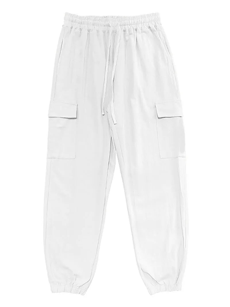Men's Cotton Linen Cargo Jogger Pants Elastic Waist Drawstring Multi Pockets Casual Breathable Streetwear Trousers for Men