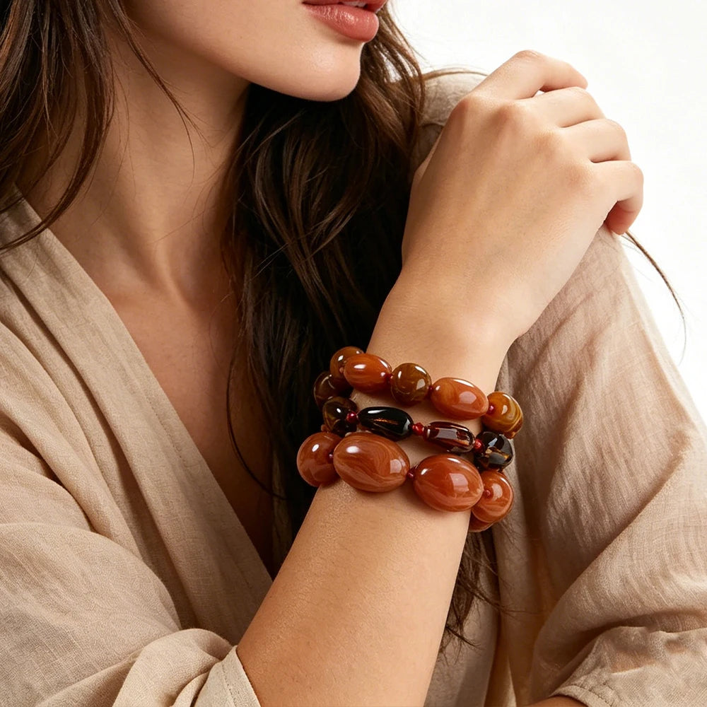 Earthy Gradient Amber Tone Jewelry Combo Triple Strand Necklace And Stackable Bracelet Set Statement Accessory For Women Summer