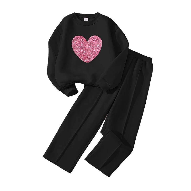 Children‘s Autumn Winter Warm Clothes Sets For Girls Solid Color Heart Print Top And Pants Daily Causal Sports Loose Lounge Wear