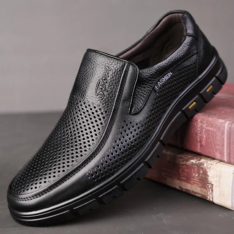 Men's Slip-On Shoes Summer Hollow out Breathable Comfortable Soft Bottom Anti-Slip Leather Shoes-8867-1
