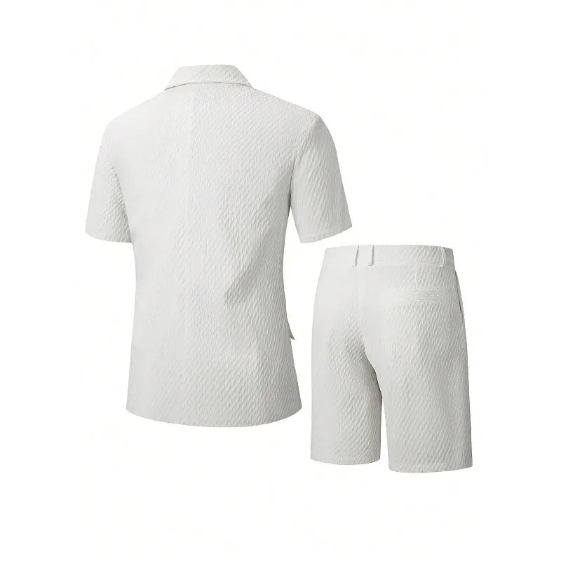 KIDWHXR Men Suit Set Summer British Style Solid Color Short Sleeve Male Outfit Slim Breathable Business Wedding Man 2-piece Suit