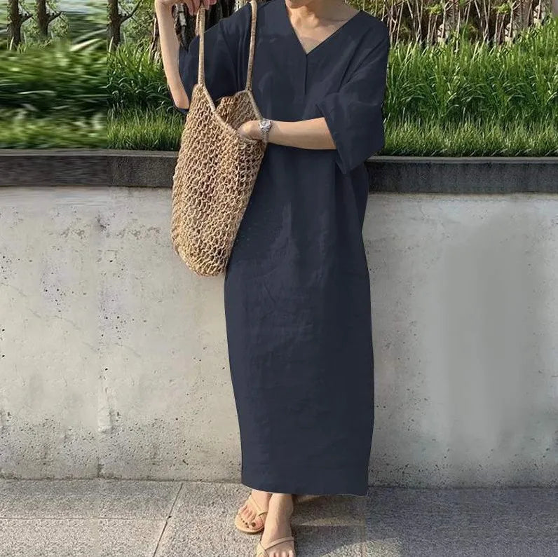 Casual Solid Color Cotton Linen Long Dresses Women Loose Short Sleeves V-neck Vintage Simple Style Lady Maxi Dress Summer New