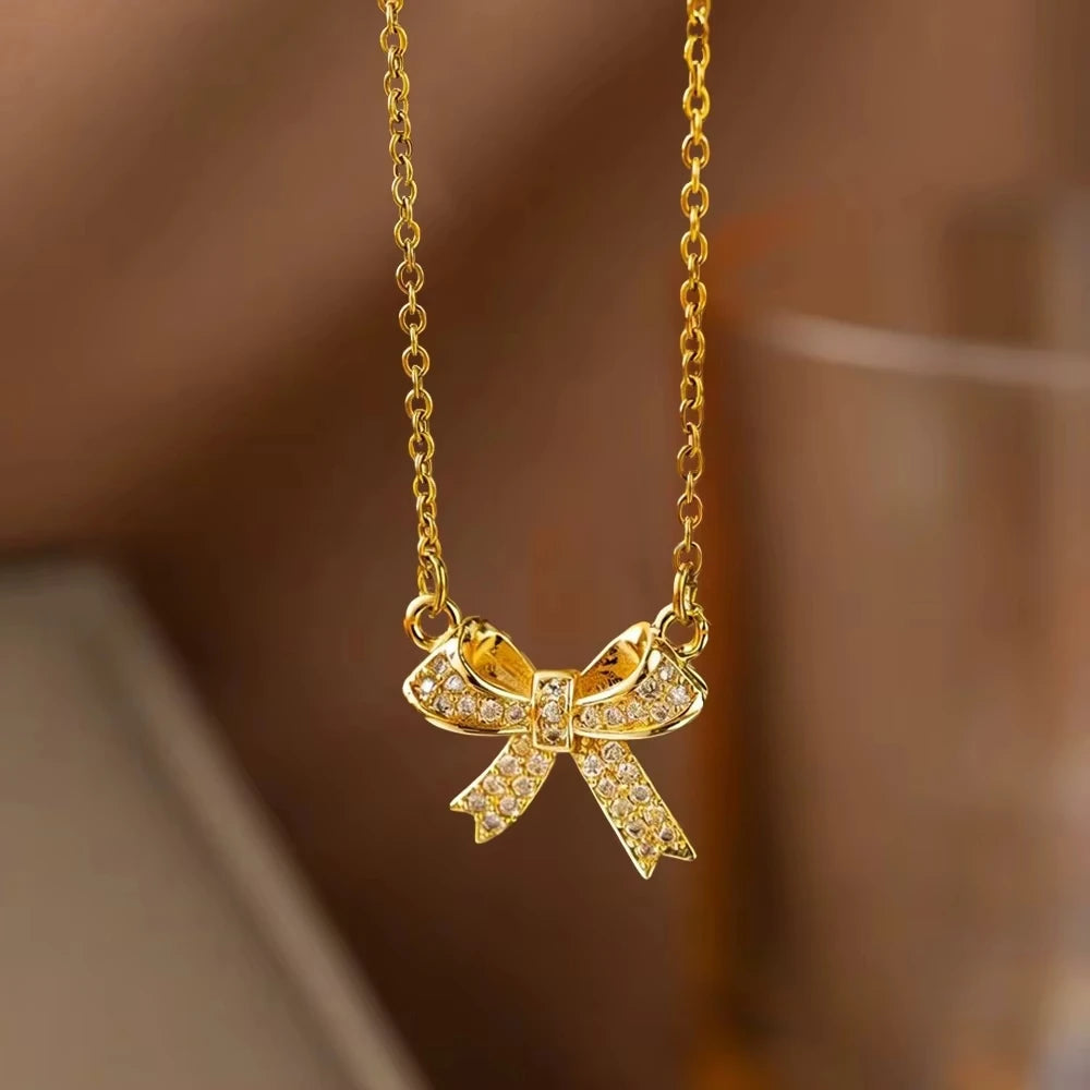 FTCY Exquisite Copper Inlaid Zirconia Bow Pendant Necklace For Women Fashion Simple  Stainless Steel Clavicle Chain Jewelry Gift