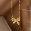 FTCY Exquisite Copper Inlaid Zirconia Bow Pendant Necklace For Women Fashion Simple  Stainless Steel Clavicle Chain Jewelry Gift