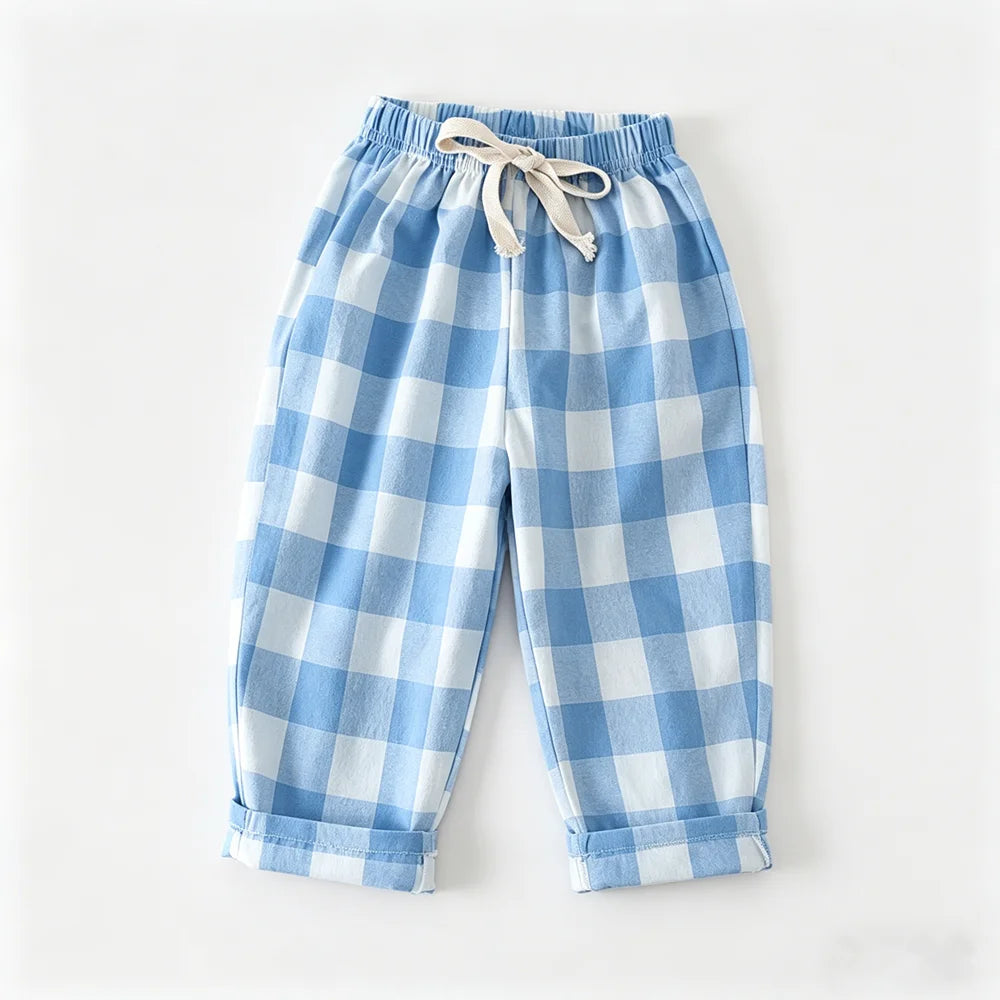 Spring Summer Kids Vintage Cotton Plaid Pant Boys Girls Loose Casual Pants Comfort Trousers For Girl Children's Clothing