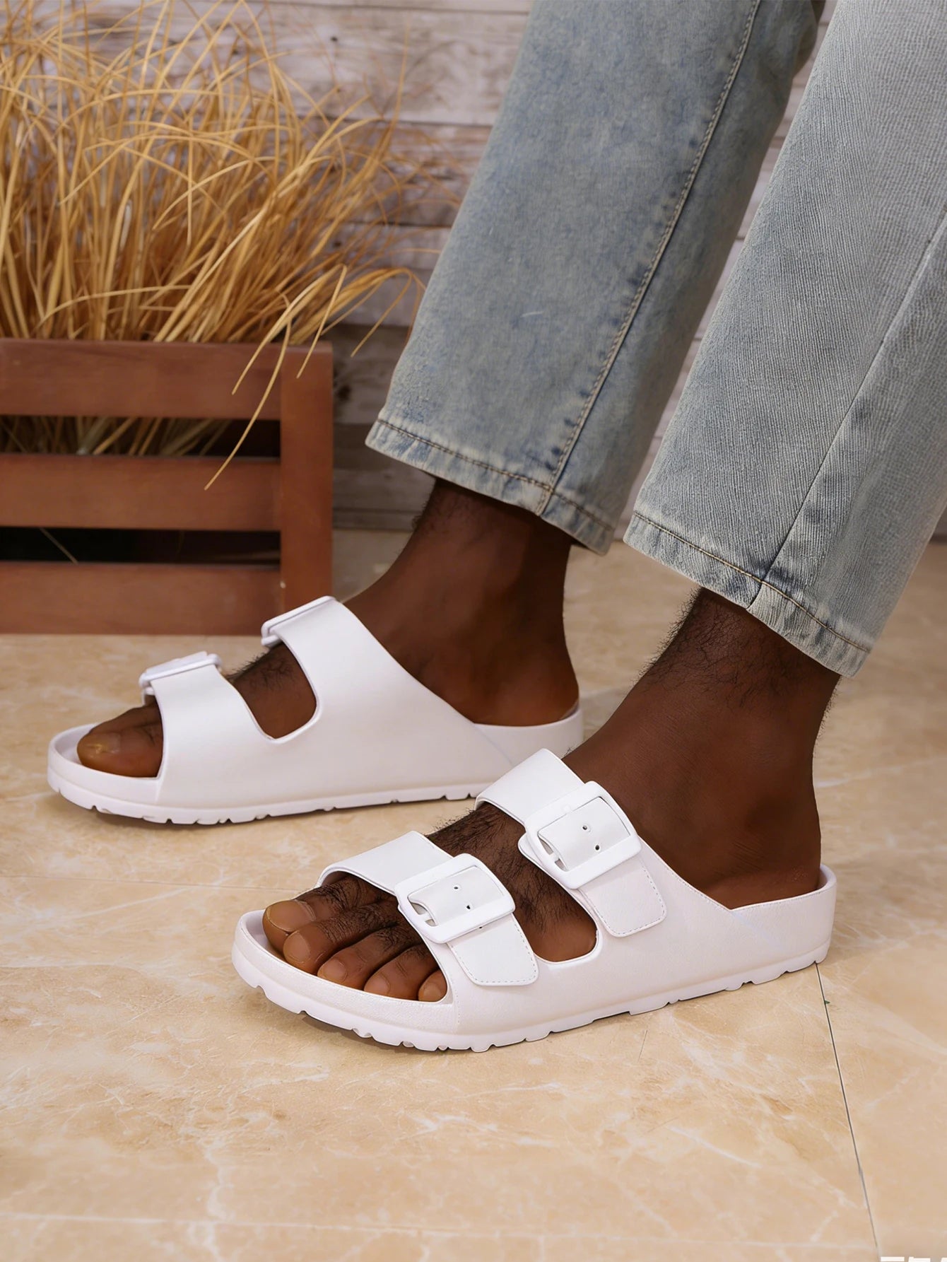 Men's Casual Simple Flat-Soled Adjustable Buckle Double-Bar Eva One-Piece Slip-On Slippers, Comfortable, Breathable, Lightweight Beach Slippers