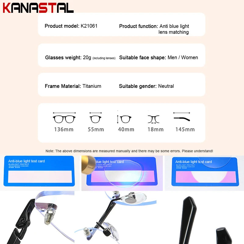 Men Pure Titanium Rimless Eyeglasses Frame Women Blue Light Blocking Lens Frameless Glasses Prescription Myopia Reading Eyewear