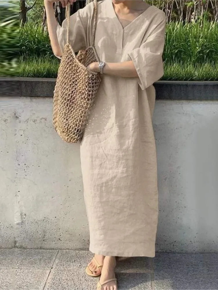 Casual Solid Color Cotton Linen Long Dresses Women Loose Short Sleeves V-neck Vintage Simple Style Lady Maxi Dress Summer New