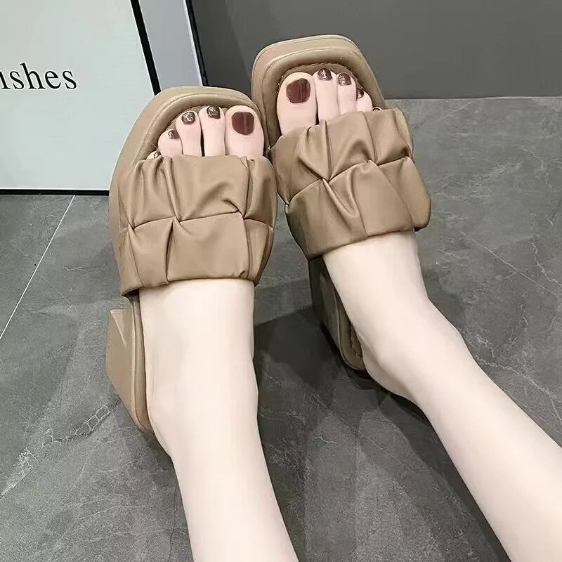 Summer High-heeled Casual Women Fish Mouth Shoes Ladies Shoes on Sale 2024 Fashion New Square Toe Anti-wrinkle Women's Slippers
