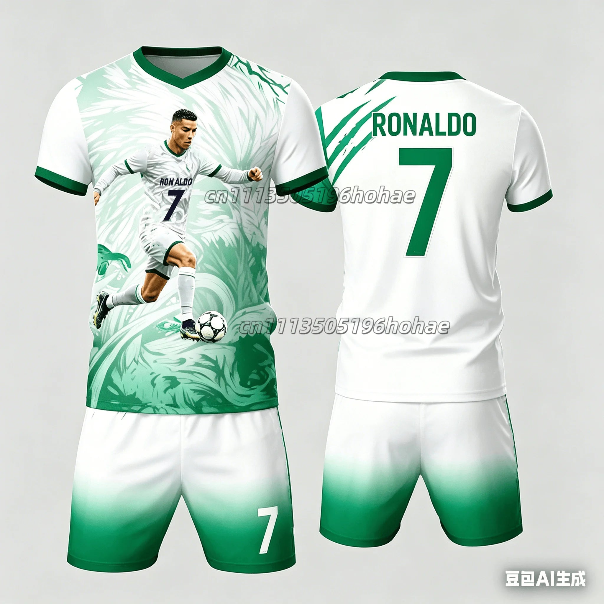 Summer gradient printed football superstar # Cristiano Ronaldo No.7# themed jersey training quick drying set familyMatching、kids