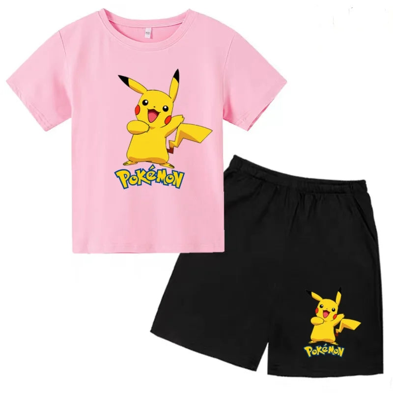 Children's T-shirt Cool Summer Anime Pikachu Print Boys Girls 3-12Years Pokemon Clothing Cartoon Short-sleeved+Shorts Casual Set