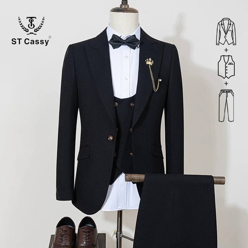 ST Cassy High Quality Men's Suit brown 3 pcs set Slim Fit Male Groom Wedding Blazers Party Dress  Suit Business Office