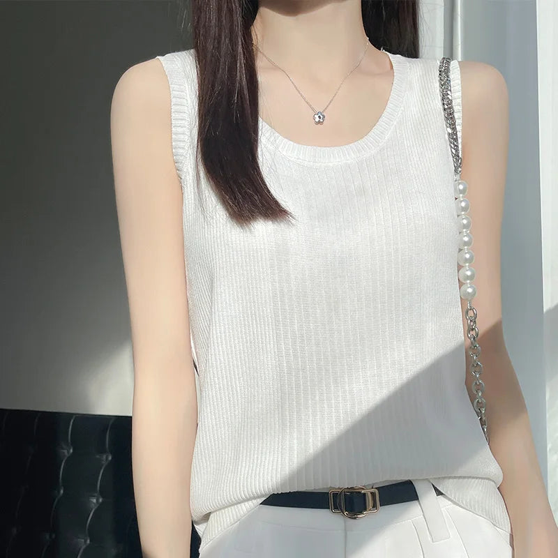100% pure wool ice silk black-and-white striped knit sling women's round neck sleeveless top slim joker vest in summer