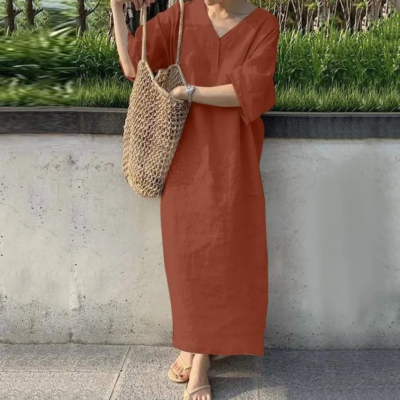 Casual Solid Color Cotton Linen Long Dresses Women Loose Short Sleeves V-neck Vintage Simple Style Lady Maxi Dress Summer New