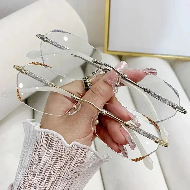 Luxury Frameless HD Lens Anti Blue Light Blocking Reading Glasses Vintage Style Ultra-lightweight and High-end Eyewear for Women