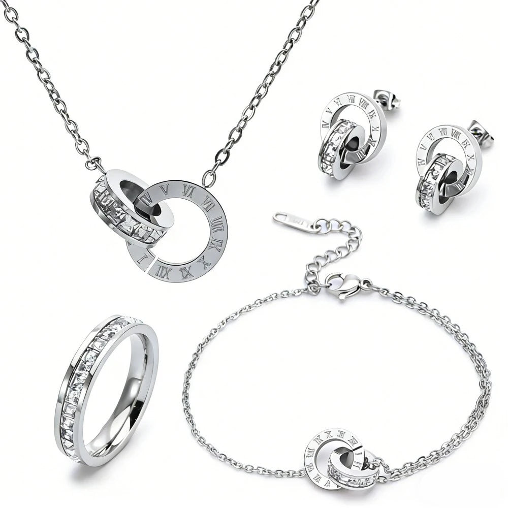 Classic Roman Numeral Zircon inlay Double Ring Earrings Necklace Bracelet Ring Size 7 Diverse Combinations With Fashion Jewelry