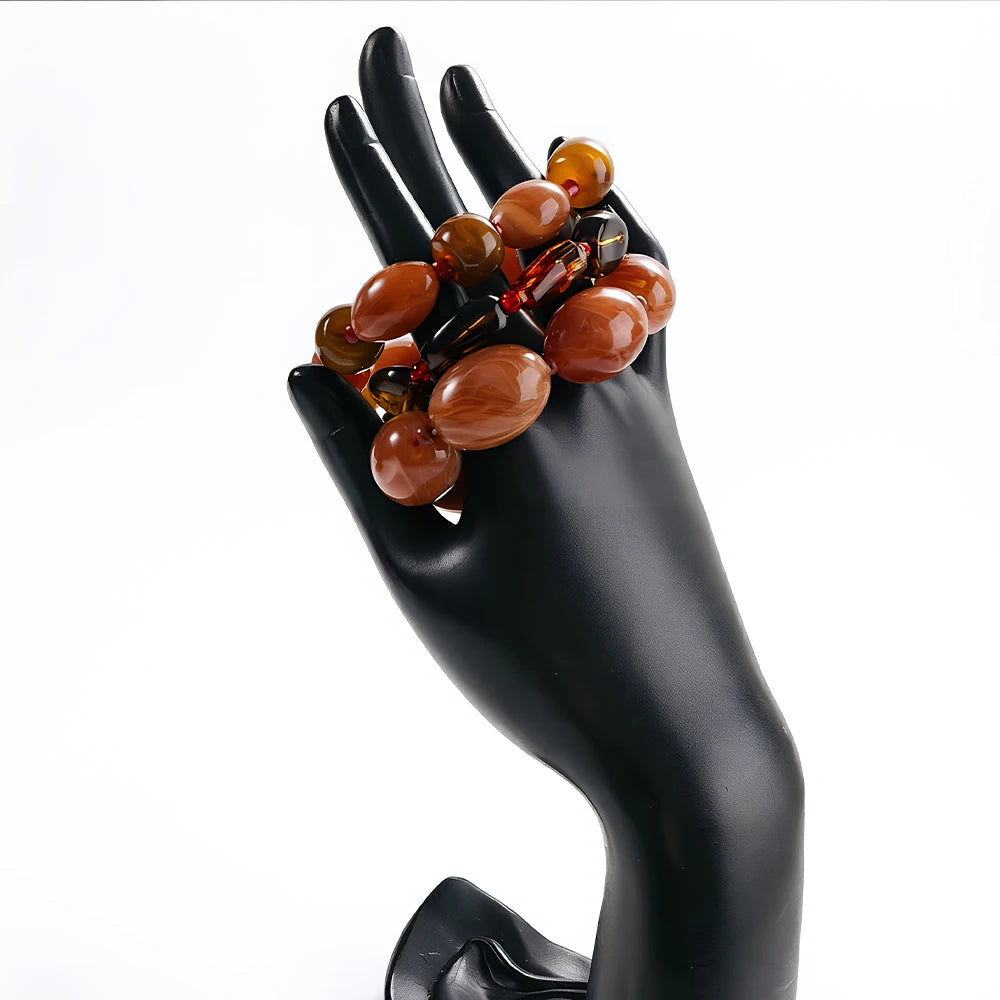 Earthy Gradient Amber Tone Jewelry Combo Triple Strand Necklace And Stackable Bracelet Set Statement Accessory For Women Summer