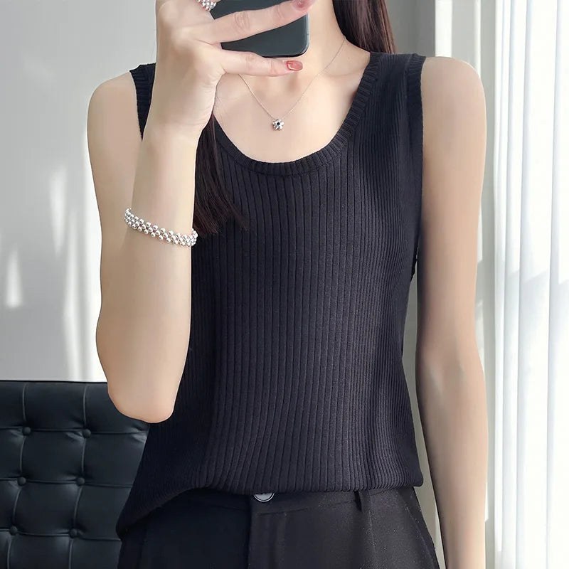 100% pure wool ice silk black-and-white striped knit sling women's round neck sleeveless top slim joker vest in summer