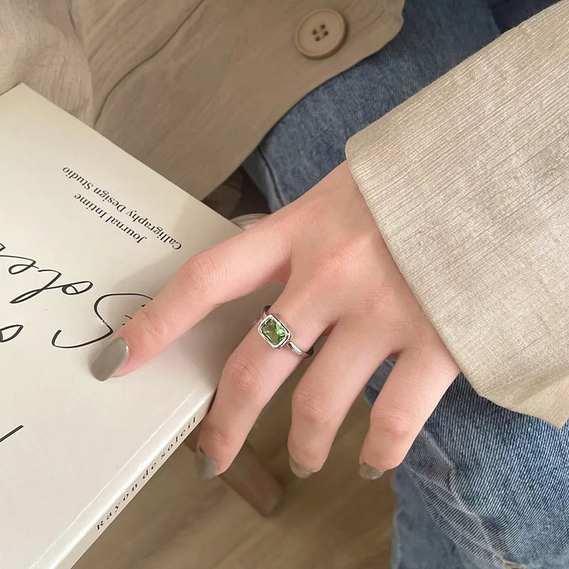 VENTFILLE 925 Sterling Silve Green Crystal Geometry Ring Square Retro Sweet Jewelry Birthday Gift Dropshipping