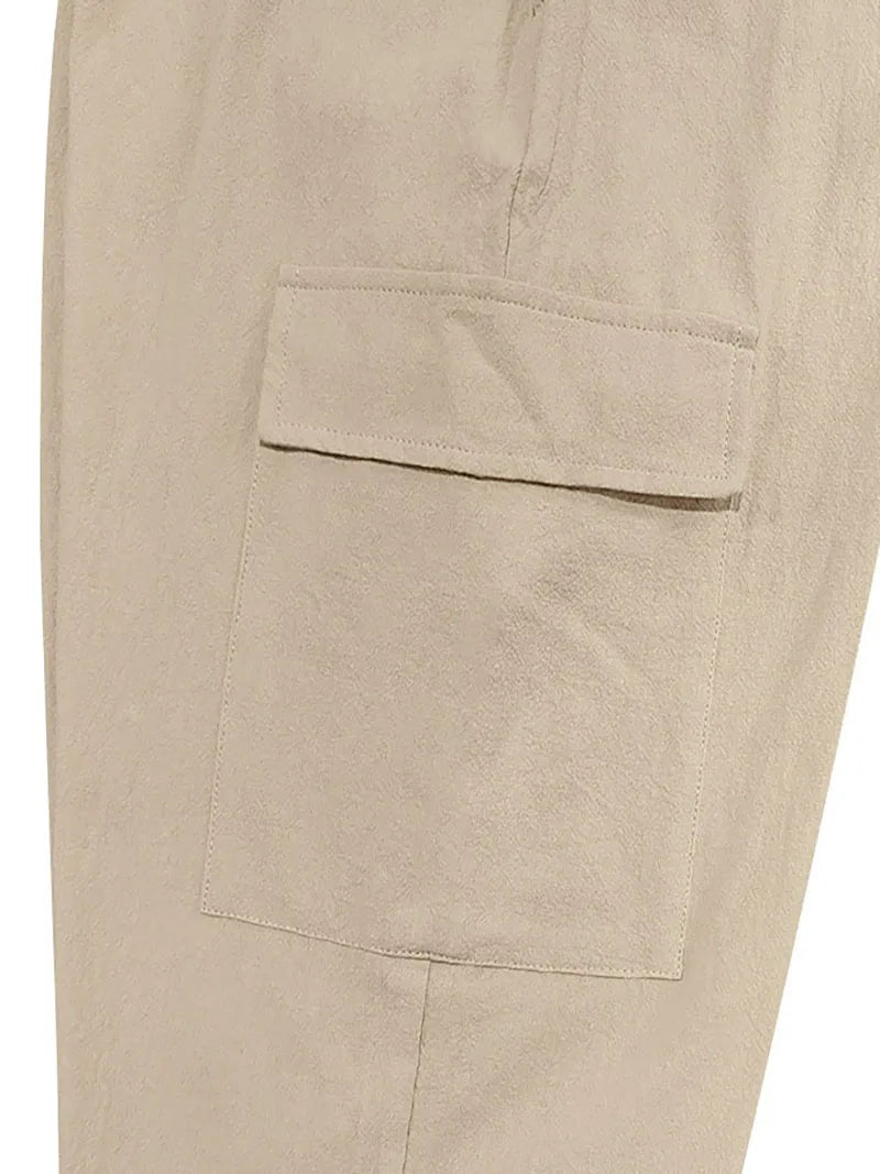 Men's Cotton Linen Cargo Jogger Pants Elastic Waist Drawstring Multi Pockets Casual Breathable Streetwear Trousers for Men